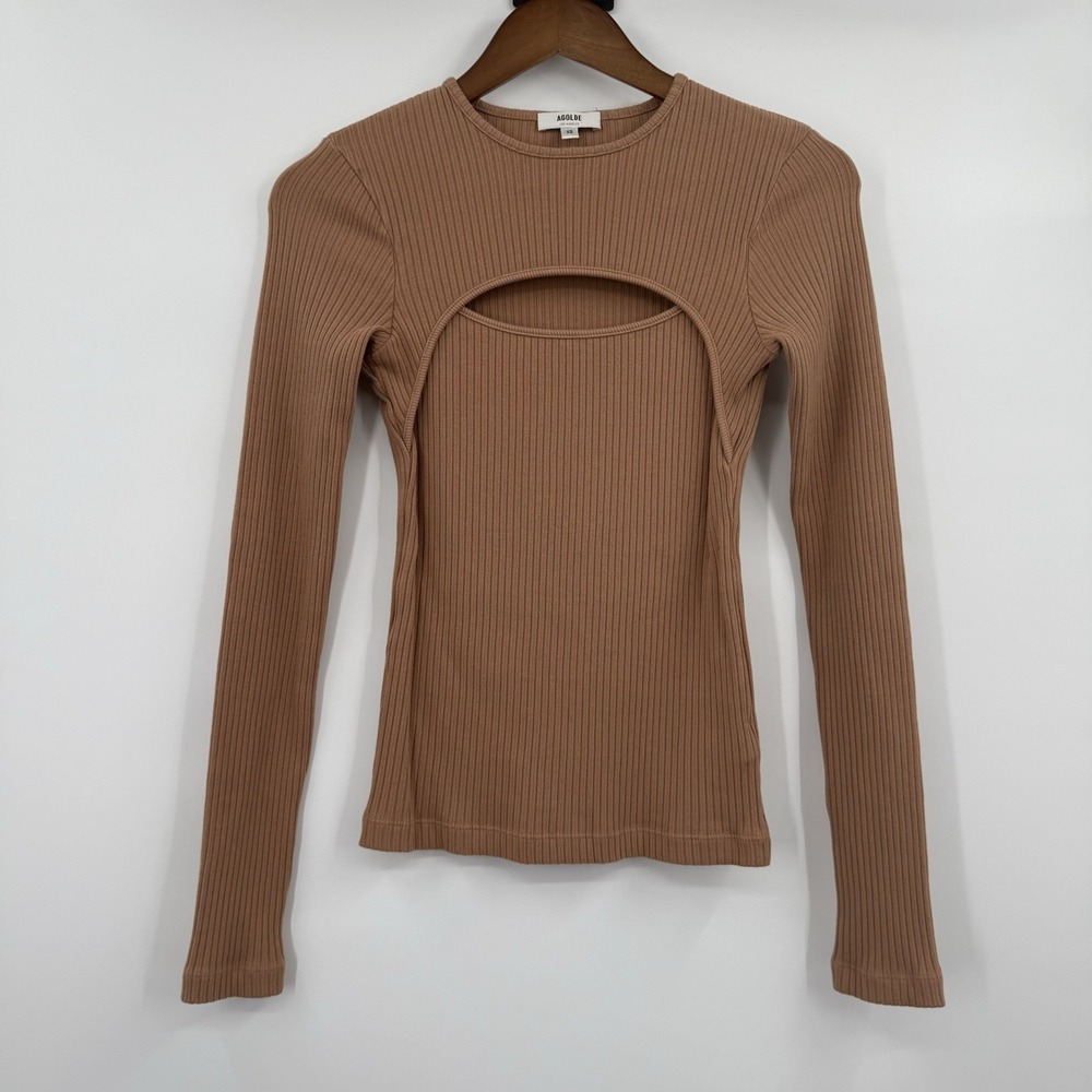 Agolde Top‎ Womens XS Tan Camel Lyza Cut-out Ribbed Long Sleeve Stretch